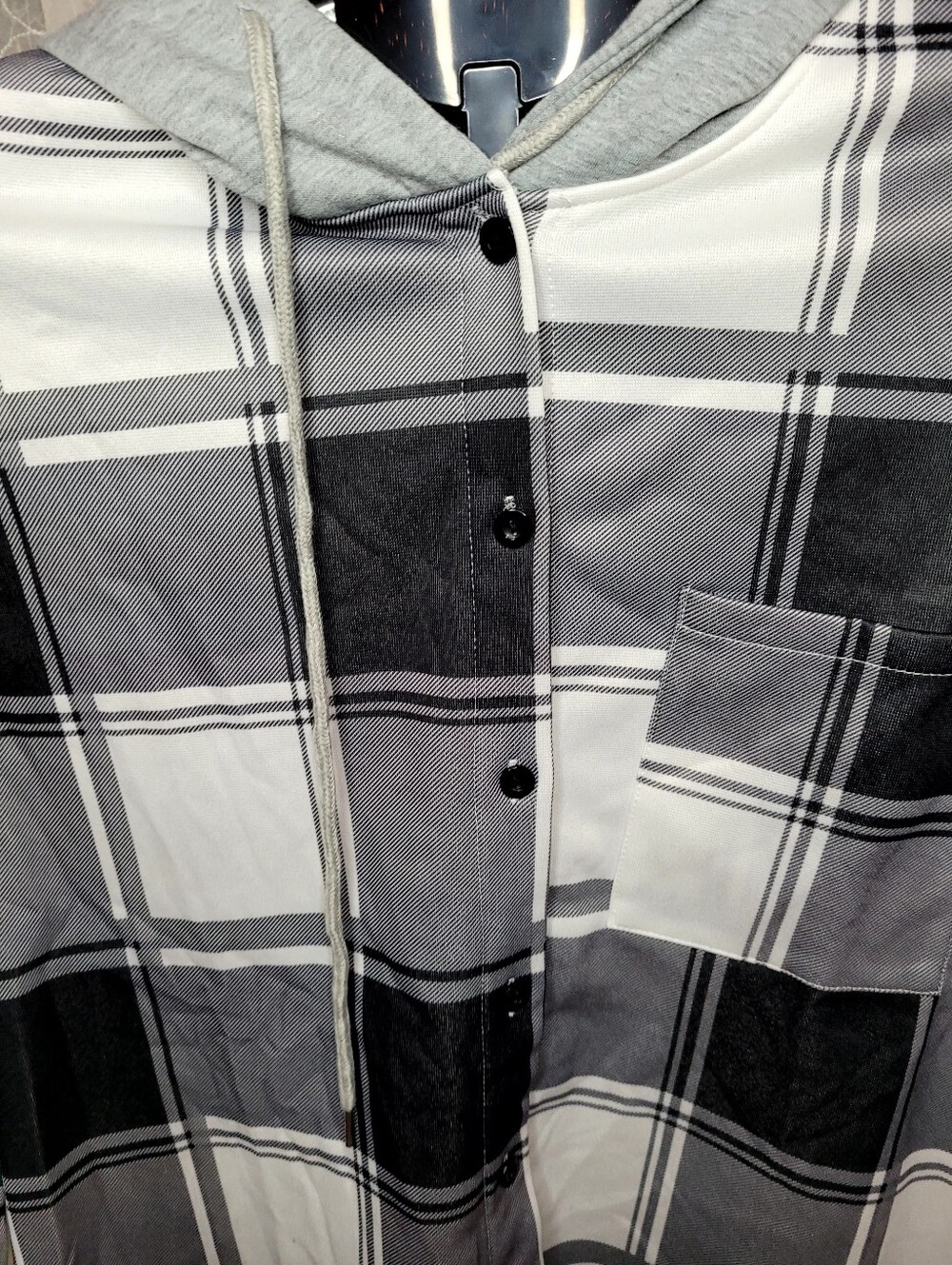 Black White Gray Mix Media Plaid Hooded Flannel Shirt Jacket Button Down Shacket - Picture 3 of 5